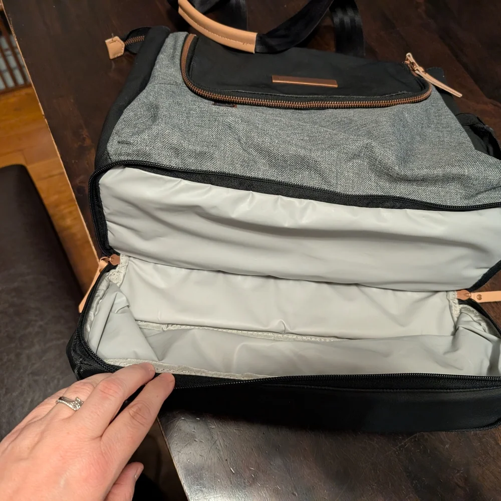 Petunia Pickle Bottom Pivot Black and Gray Diaper Bag, Rose Gold Hardware.